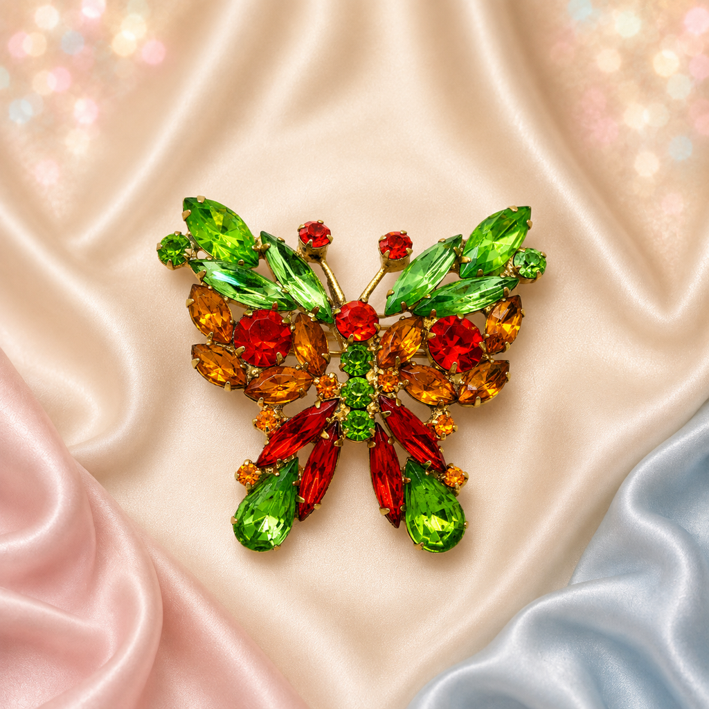 Vintage Juliana Butterfly Brooch Orange Peridot Green Amber Rhinestone IIJJ#9318