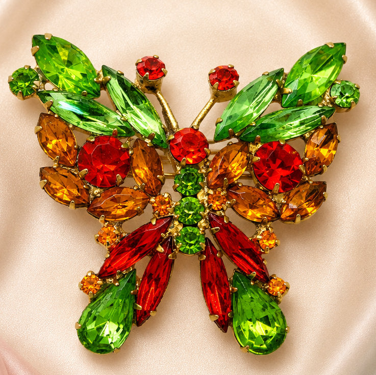 Vintage Juliana Butterfly Brooch Orange Peridot Green Amber Rhinestone IIJJ#9318