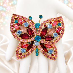 Vintage Juliana Pastel Pink Blue Rhinestone Figural Butterfly Brooch IIJJ#9350