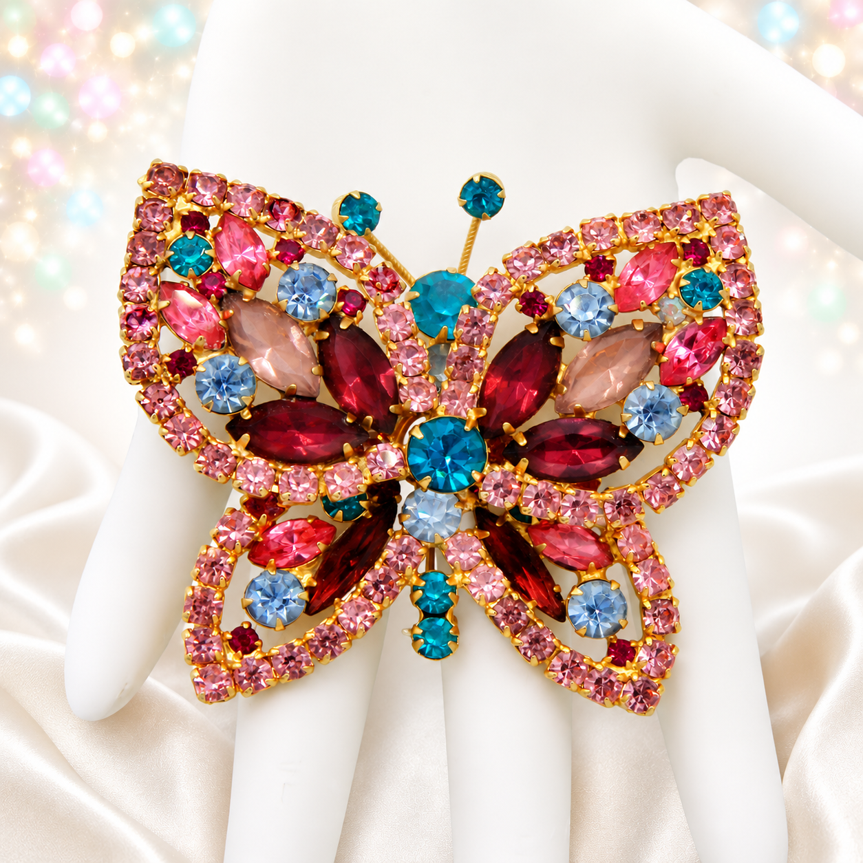 Vintage Juliana Pastel Pink Blue Rhinestone Figural Butterfly Brooch IIJJ#9350