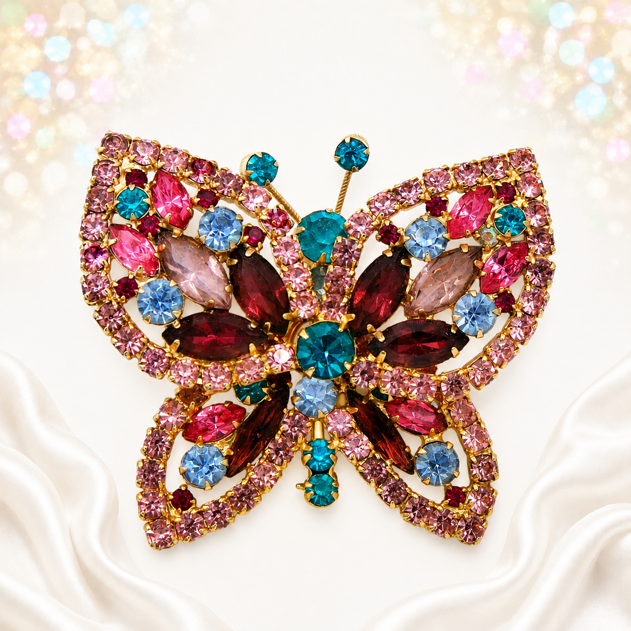 Vintage Juliana Pastel Pink Blue Rhinestone Figural Butterfly Brooch IIJJ#9350