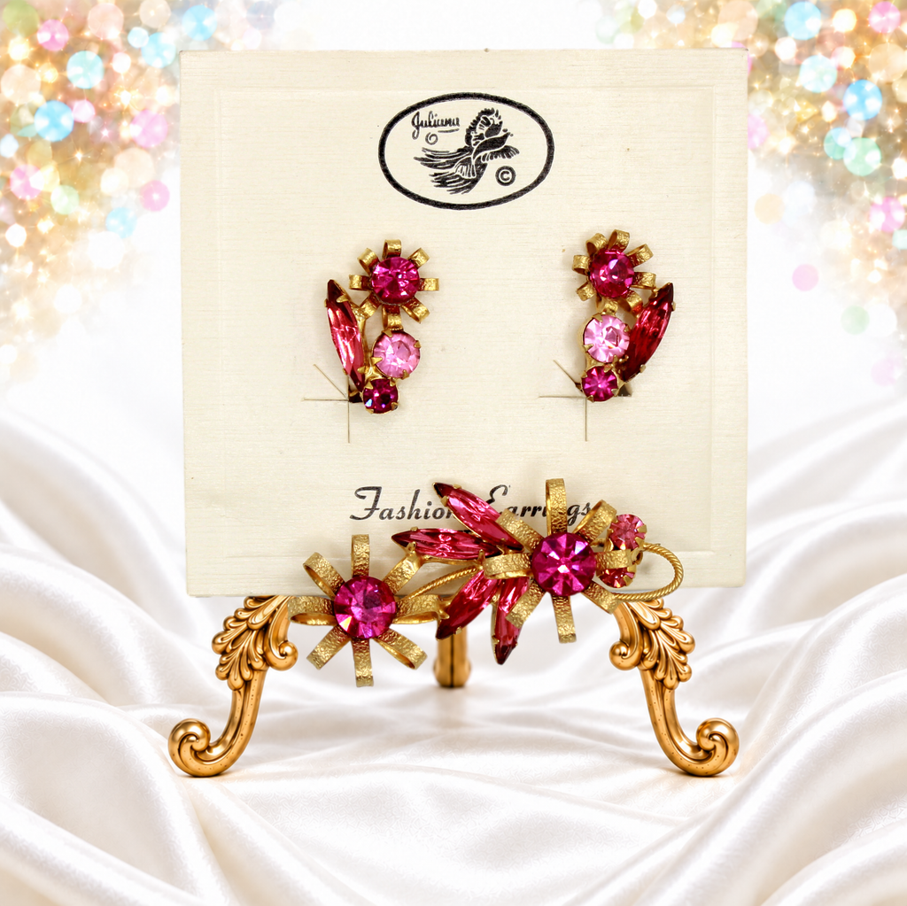 Vintage Juliana NOS Pink Fuchsia Rhinestone Figural Flower Brooch Earrings Set IIJJ#9728