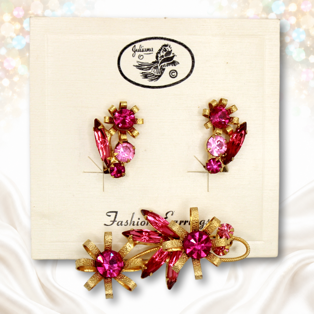 Vintage Juliana NOS pink flower brooch and matching clip earrings on original card