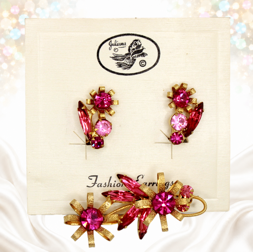 Pink rhinestone Juliana brooch and carded earrings front view