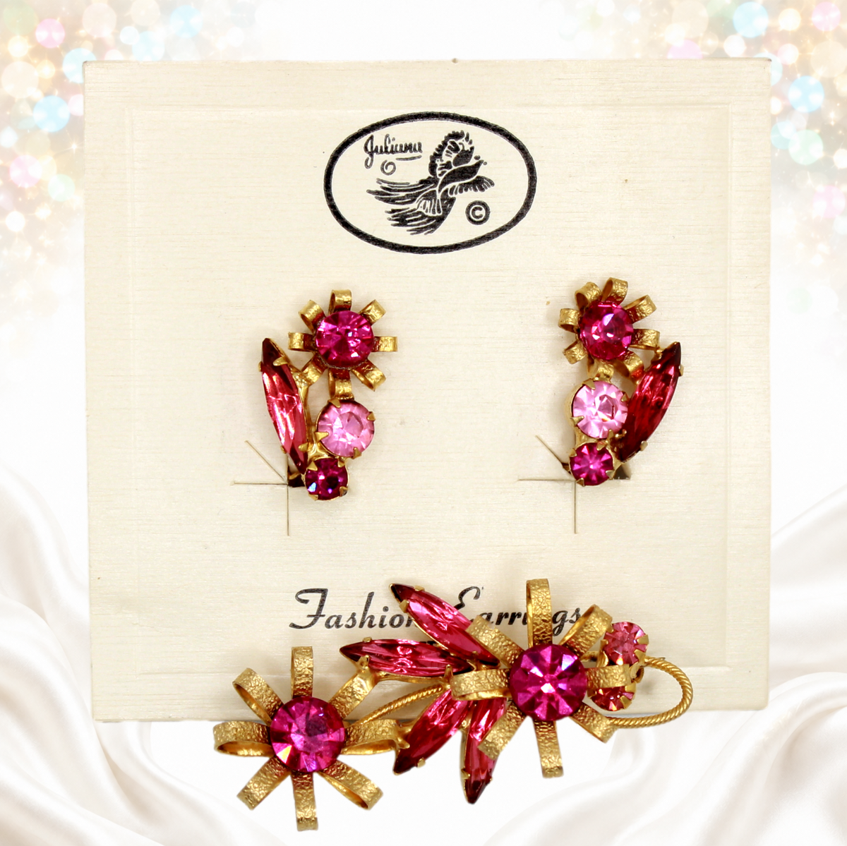 Pink rhinestone Juliana brooch and carded earrings front view