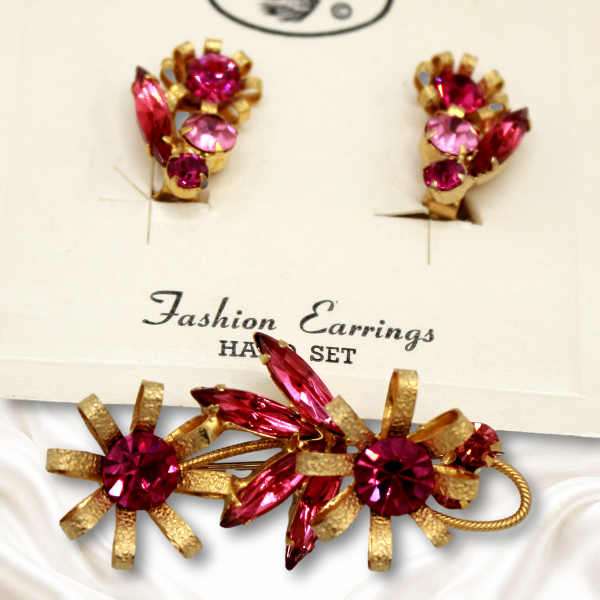 Close-up of rhinestones and textured gold-tone looped petals