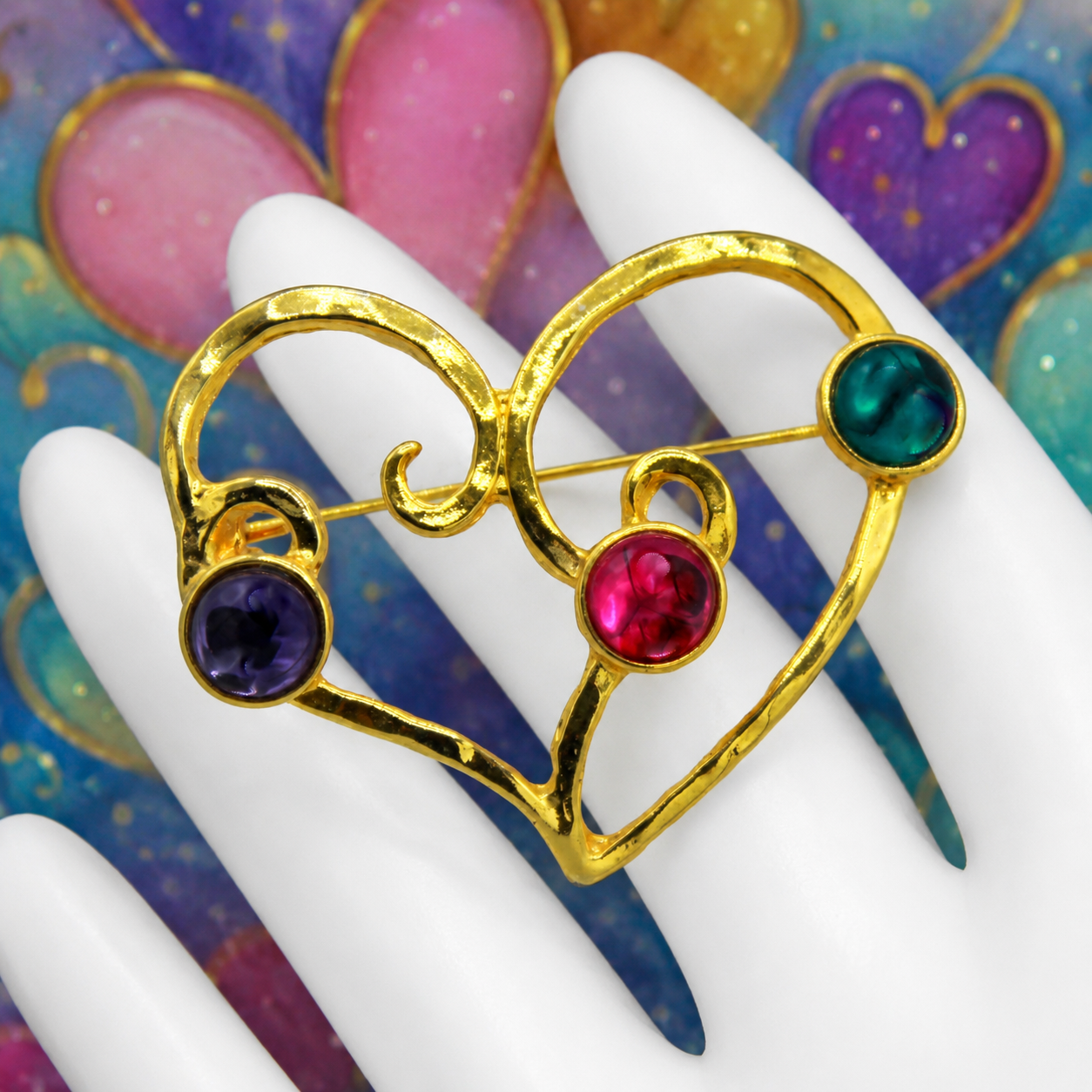 Coming Soon Vintage Juliana Open Figural Heart Brooch Gold Tone Cabochons IIJJ #9218