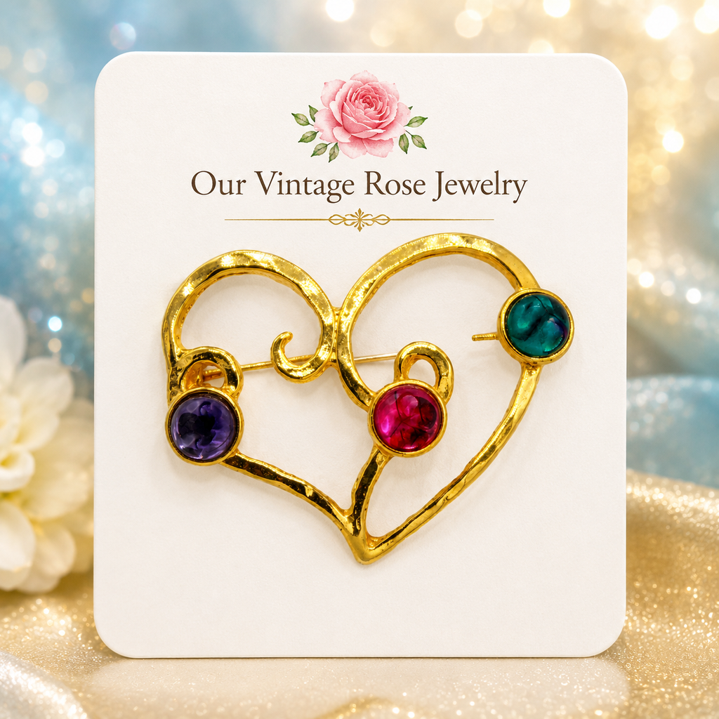Vintage Juliana Open Figural Heart Brooch Gold Tone Cabochons IIJJ #9218