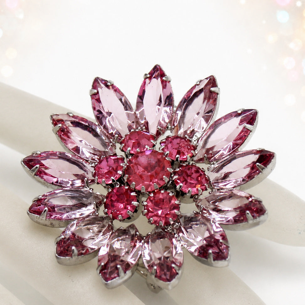 Vintage JULIANA Pink & Lavender Rhinestone Daisy Flower Brooch IIJJ#9329