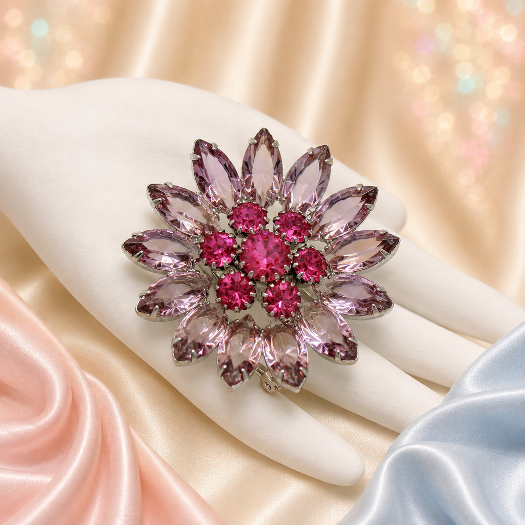 Vintage JULIANA Pink & Lavender Rhinestone Daisy Flower Brooch IIJJ#9329