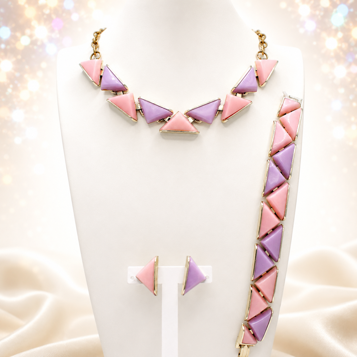 Vintage Pink Lavender Triangle Geometric Thermoset Necklace Bracelet Earrings Set