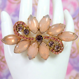 Vintage JULIANA Glowing Pink Opal Glass Lavender Rhinestone Brooch IIJJ#7768