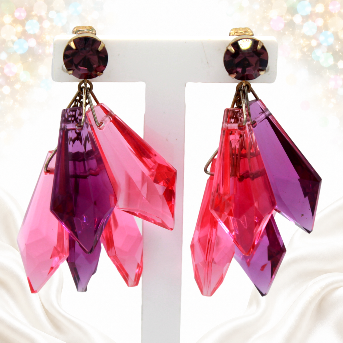 Vintage Pink Purple Faceted Plastic Dangle Clip Earrings