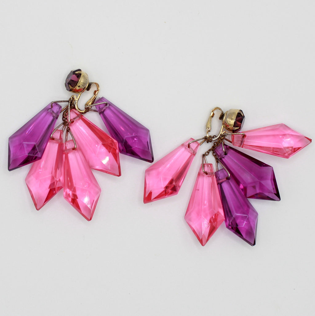 Vintage Pink Purple Faceted Plastic Dangle Clip Earrings
