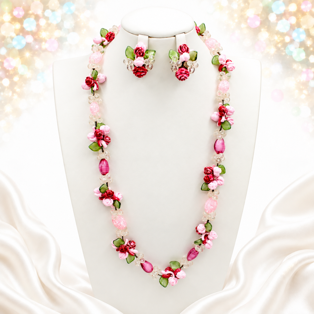 Vintage West Germany Pink Rose Givre Glass Bead Necklace Earrings Set