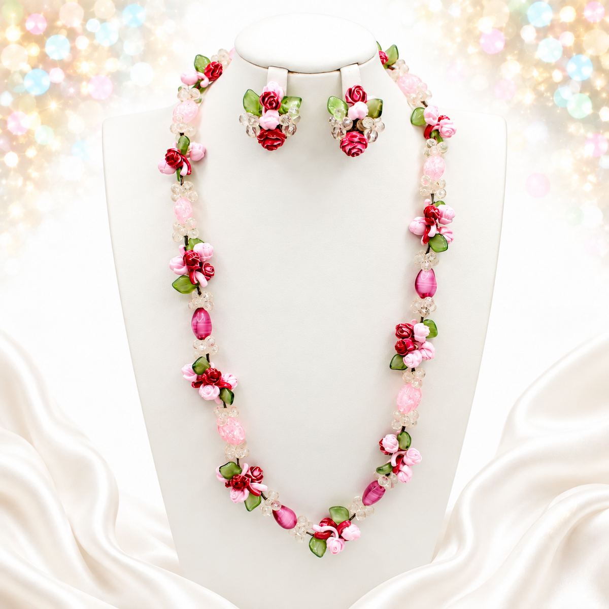 Vintage West Germany Pink Rose Givre Glass Bead Necklace Earrings Set