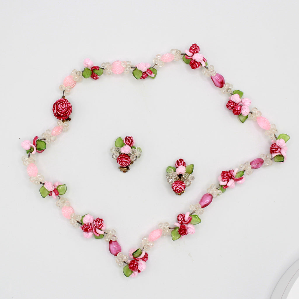 Vintage West Germany Pink Rose Givre Glass Bead Necklace Earrings Set
