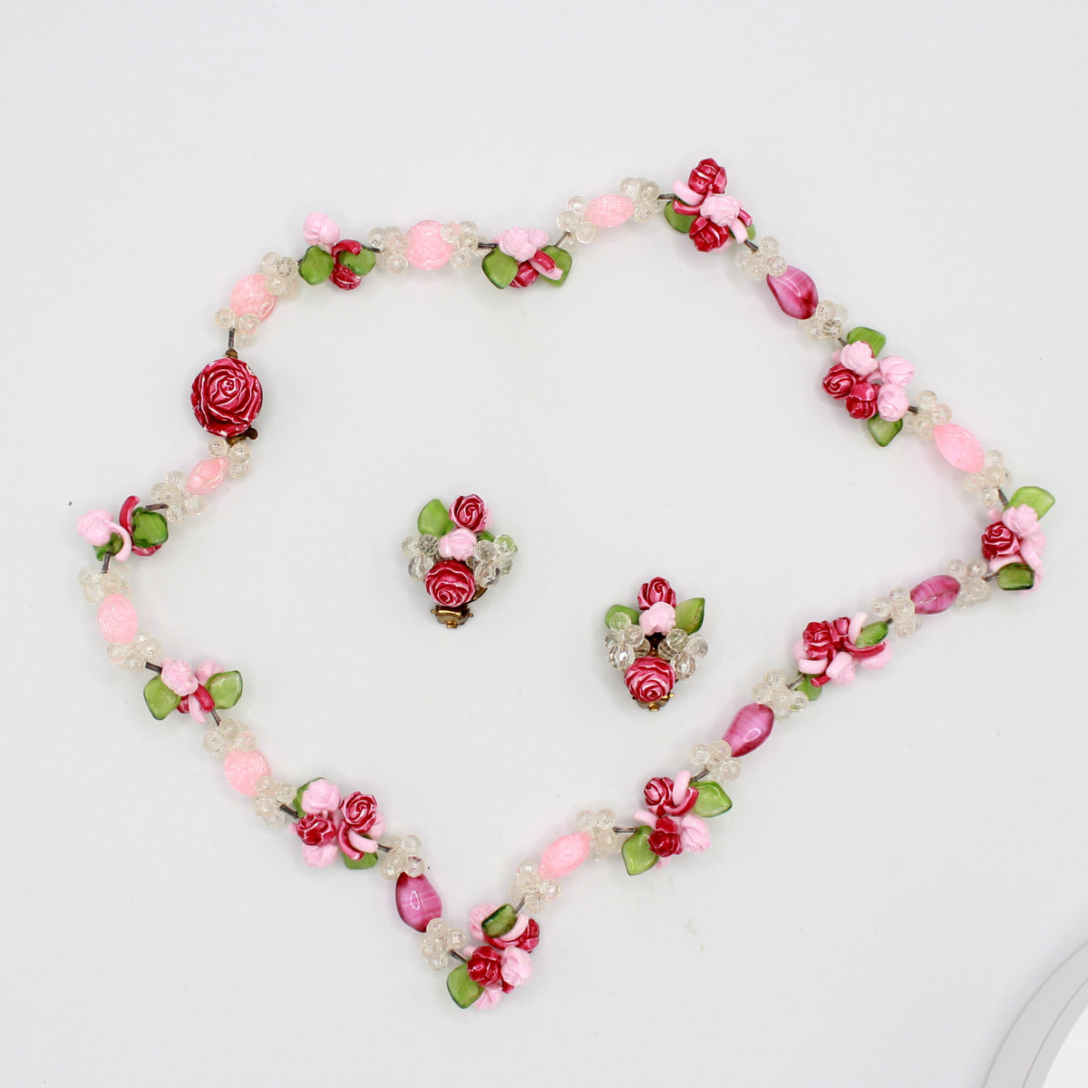 Vintage West Germany Pink Rose Givre Glass Bead Necklace Earrings Set