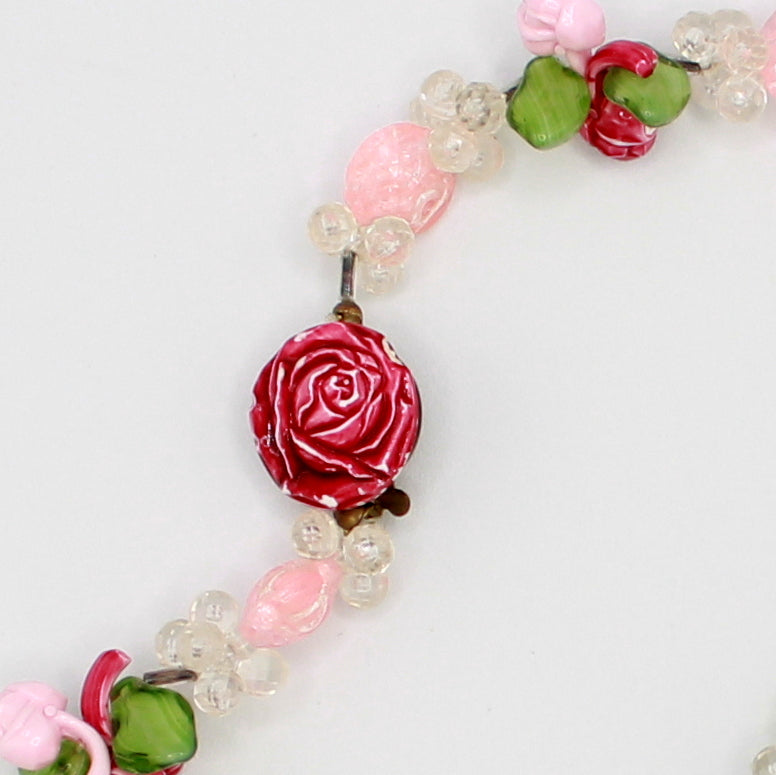 Vintage West Germany Pink Rose Givre Glass Bead Necklace Earrings Set