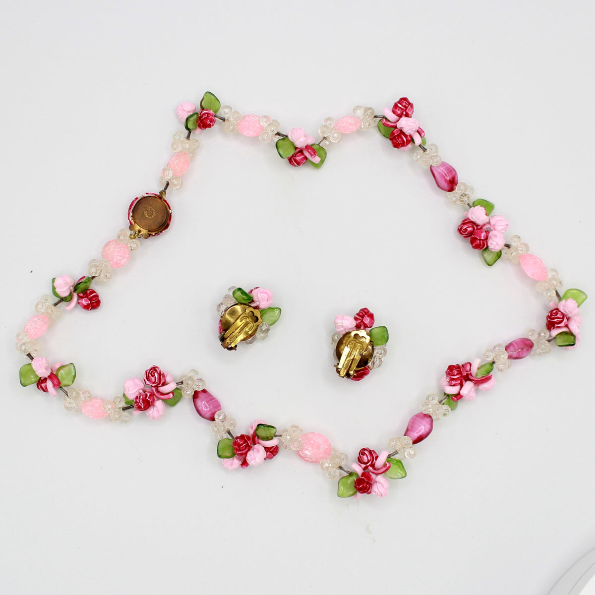 Vintage West Germany Pink Rose Givre Glass Bead Necklace Earrings Set