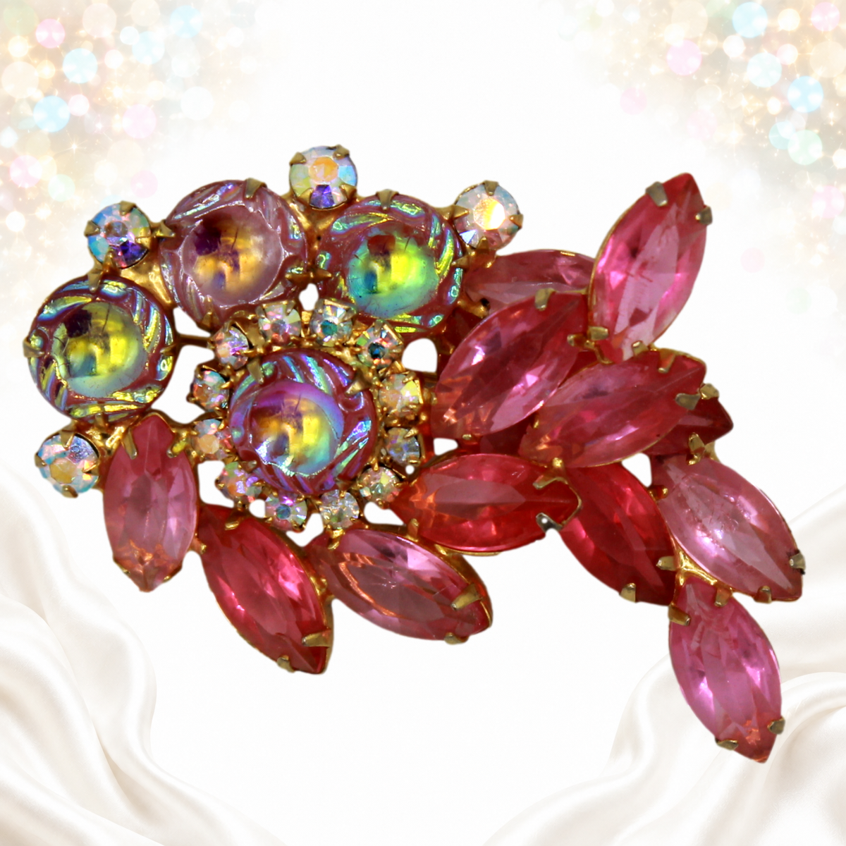 Vintage Juliana Pink Rhinestone Iridescent Scooped Chaton Brooch IIJJ#7109