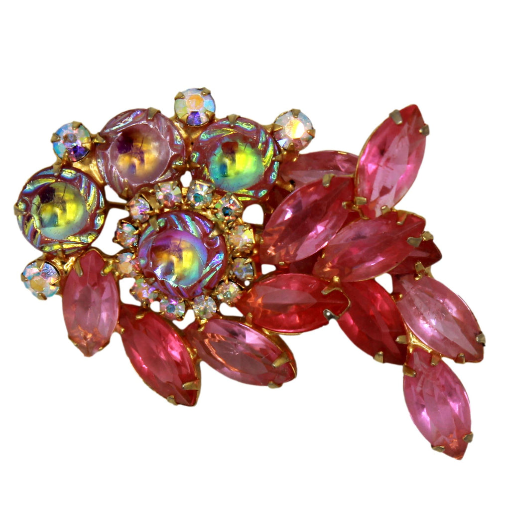 Vintage Juliana Pink Rhinestone Iridescent Scooped Chaton Brooch IIJJ#7109