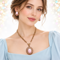 Vintage Germany Pink Glass Cabochon Rhinestone Pearl Necklace Earrings Set