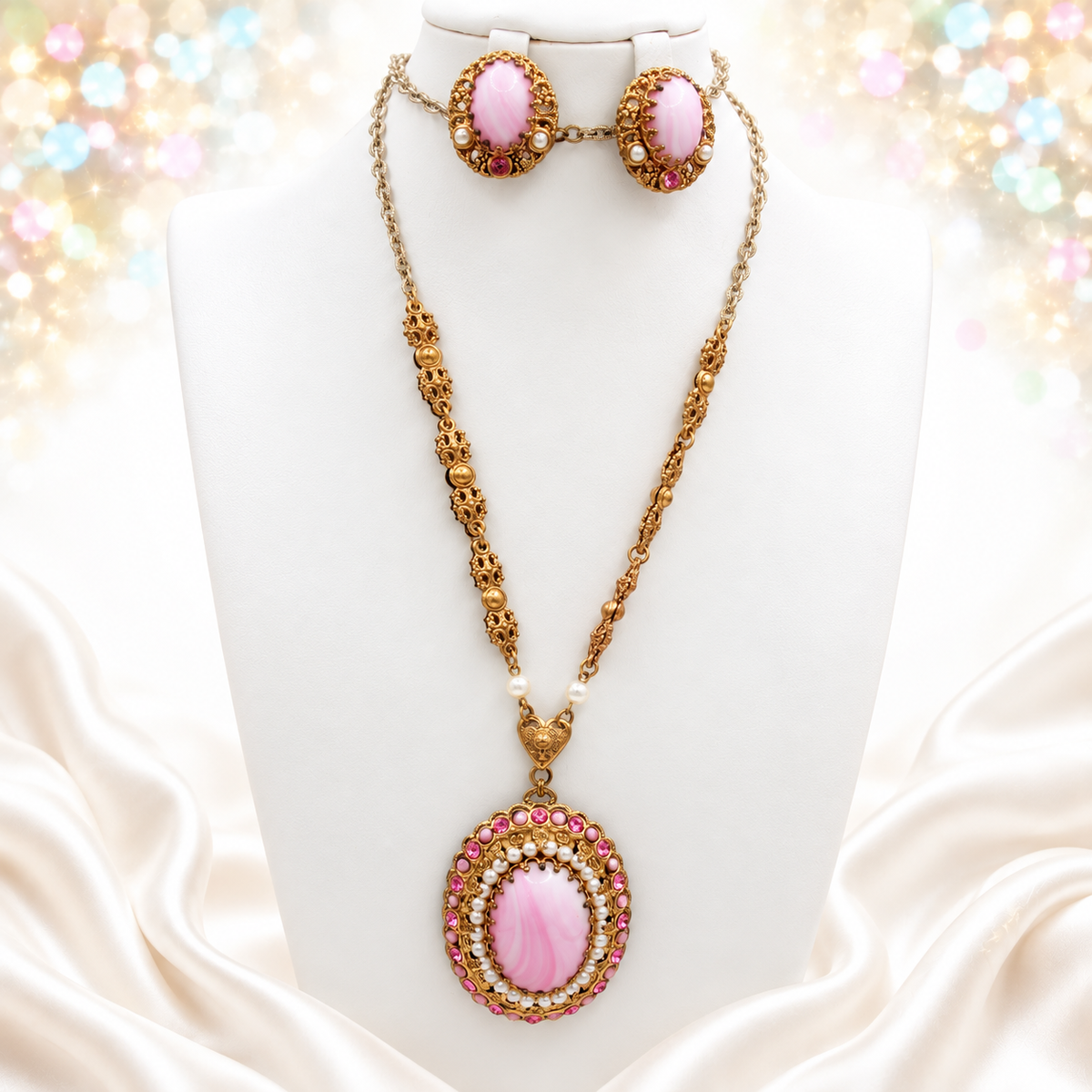 Vintage Germany Pink Glass Cabochon Rhinestone Pearl Necklace Earrings Set