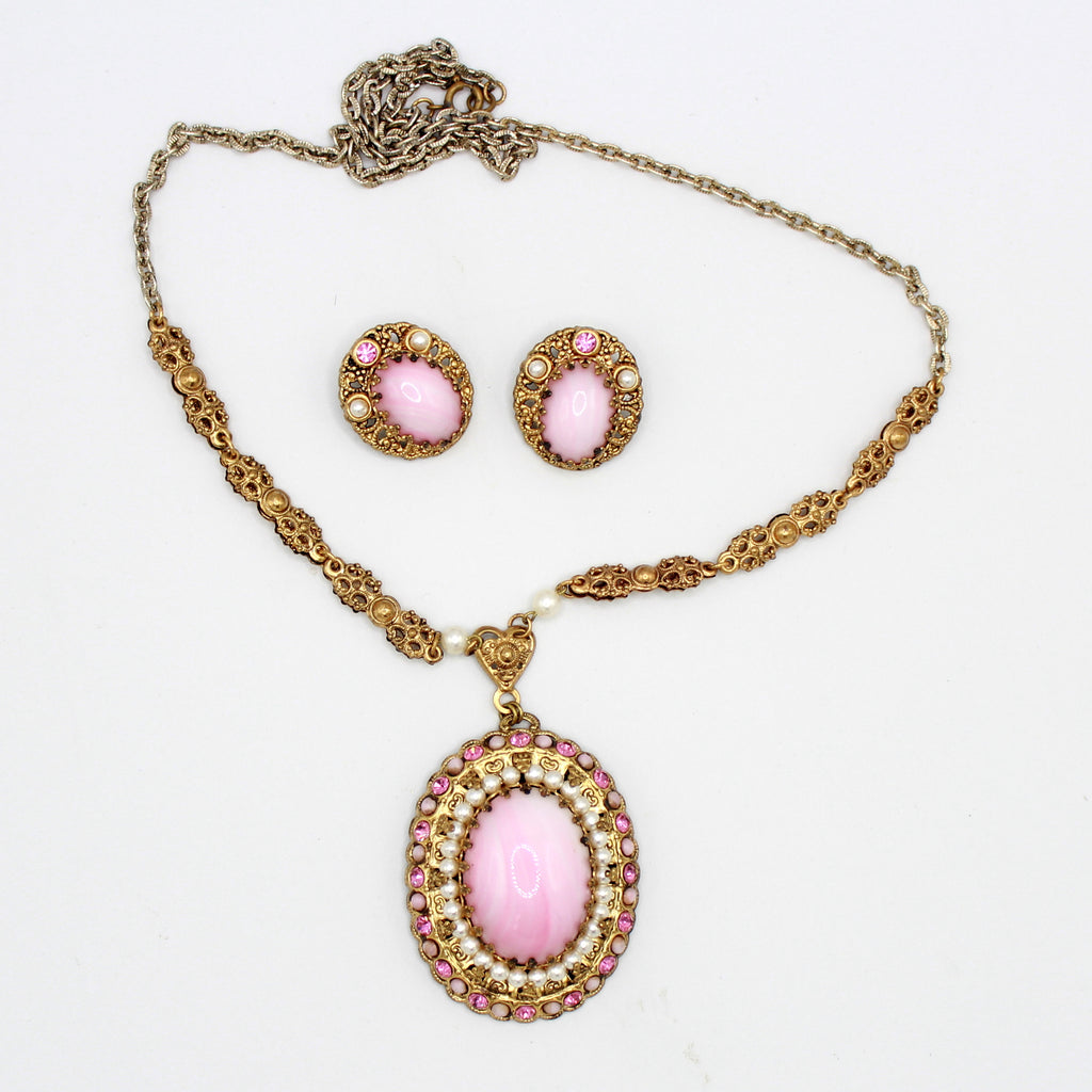 Vintage Germany Pink Glass Cabochon Rhinestone Pearl Necklace Earrings Set