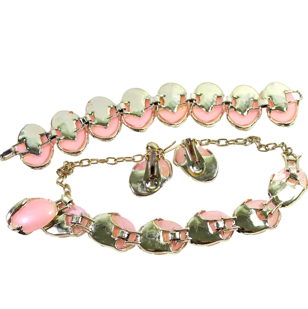 Vintage Cotton Candy Pink Plastic Oval Cabochon Necklace Bracelet Earrings Set