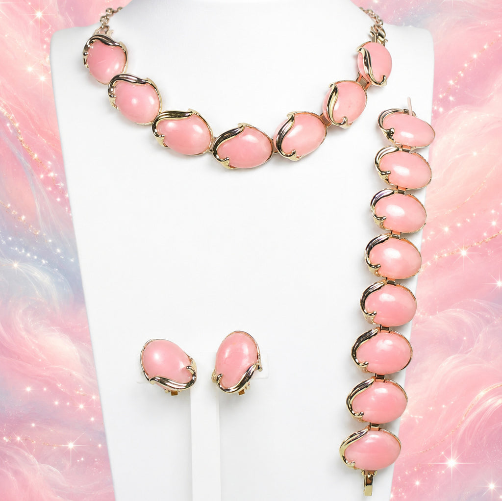 Vintage Cotton Candy Pink Plastic Oval Cabochon Necklace Bracelet Earrings Set
