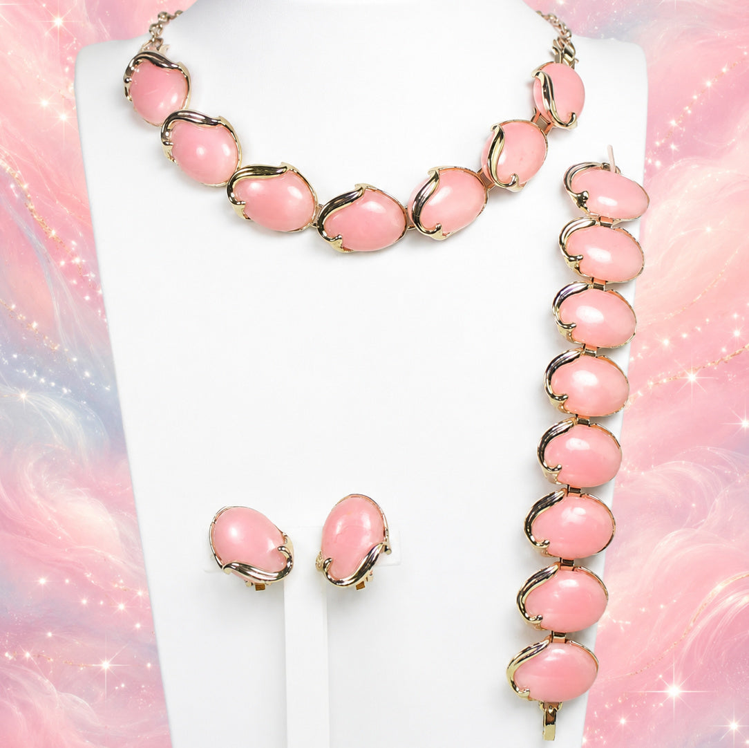 Vintage Cotton Candy Pink Plastic Oval Cabochon Necklace Bracelet Earrings Set