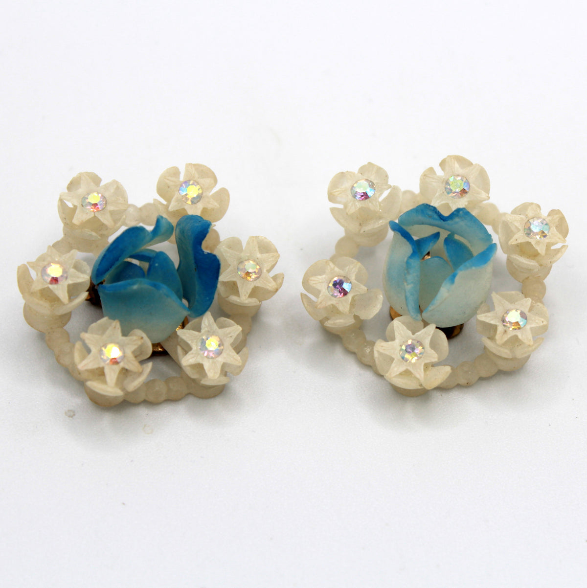 Vintage Made in Austria Blue Rose Plastic Rhinestone Clip Earrings