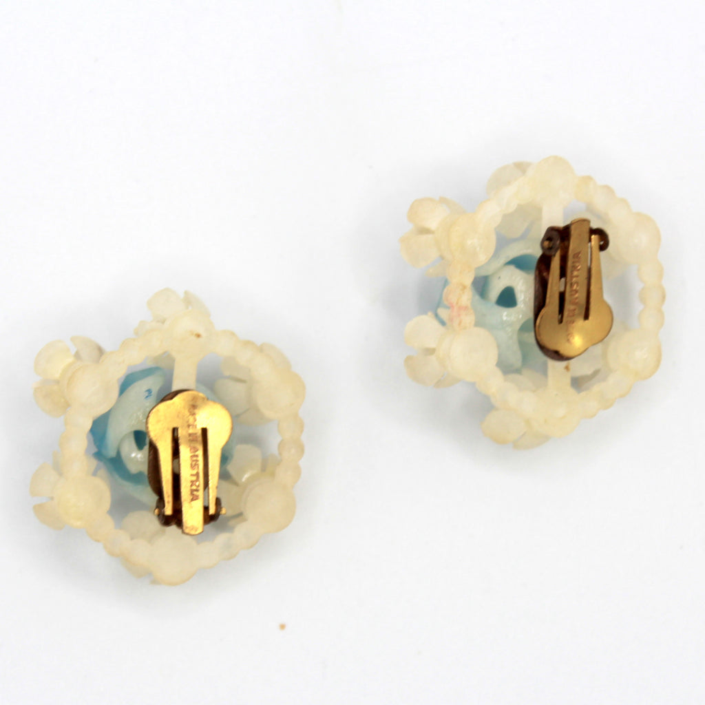 Vintage Made in Austria Blue Rose Plastic Rhinestone Clip Earrings