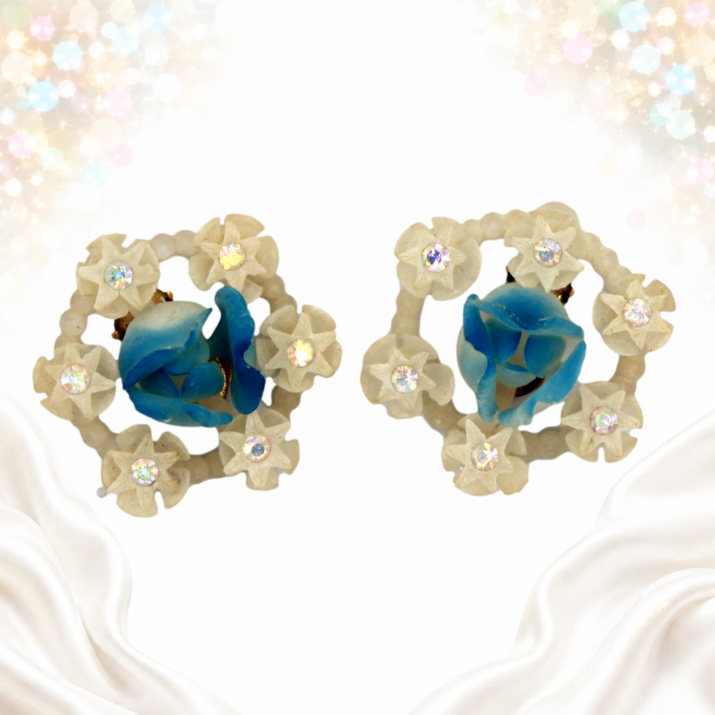 Vintage Made in Austria Blue Rose Plastic Rhinestone Clip Earrings