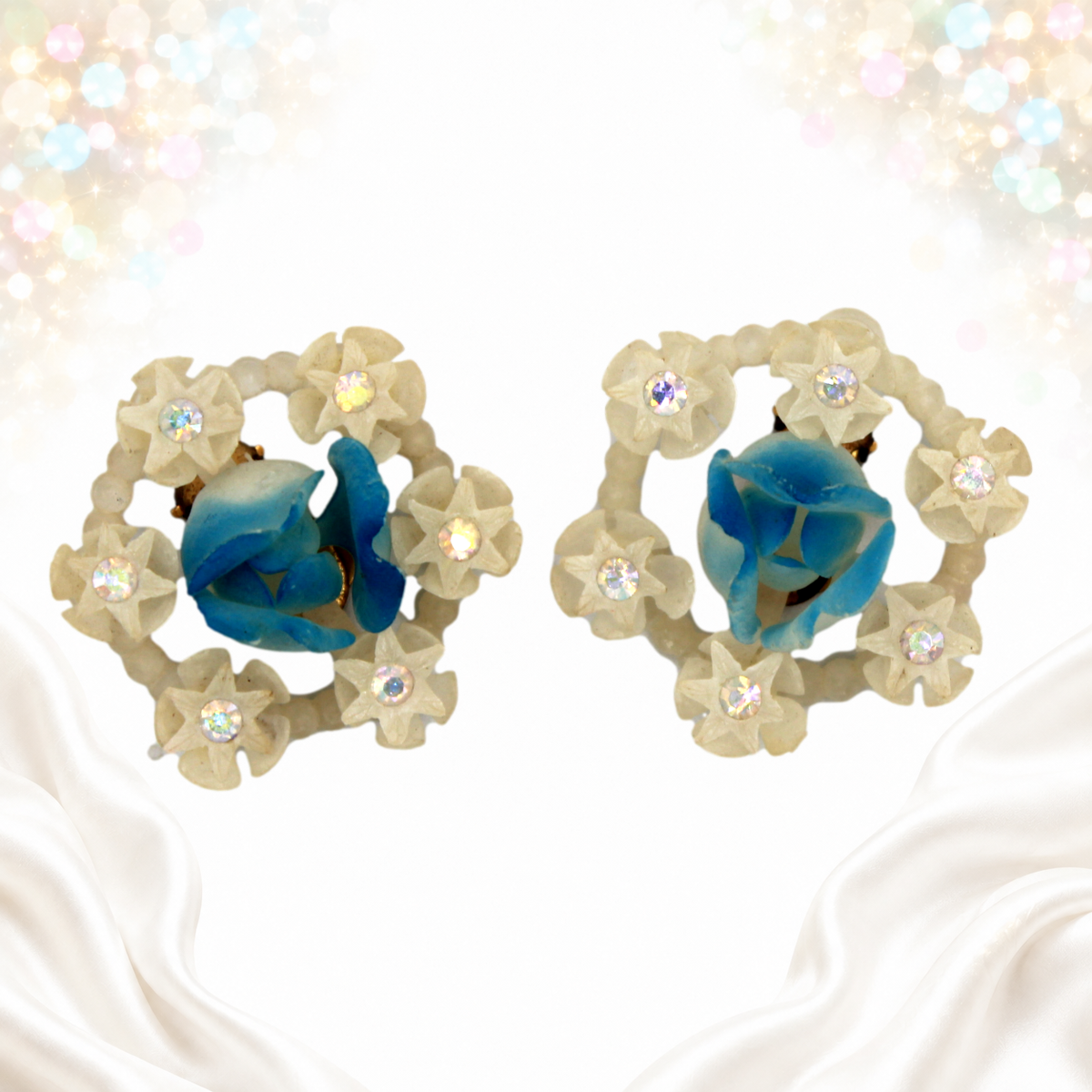Vintage Made in Austria Blue Rose Plastic Rhinestone Clip Earrings