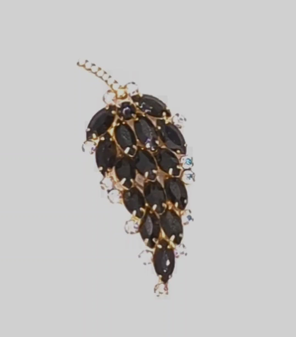 Vintage Juliana Black Rhinestone AB Leaf Brooch IIJJ#5256
