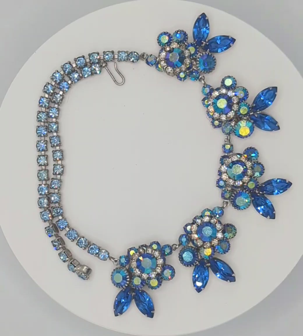 Vintage Juliana Blue AB Rhinestone Floral Necklace IIJJ#9570