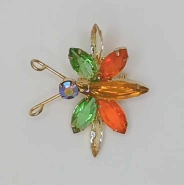 Vintage Juliana Glitter Bug Figural Rhinestone Brooch Orange Green AB IIJJ#7170