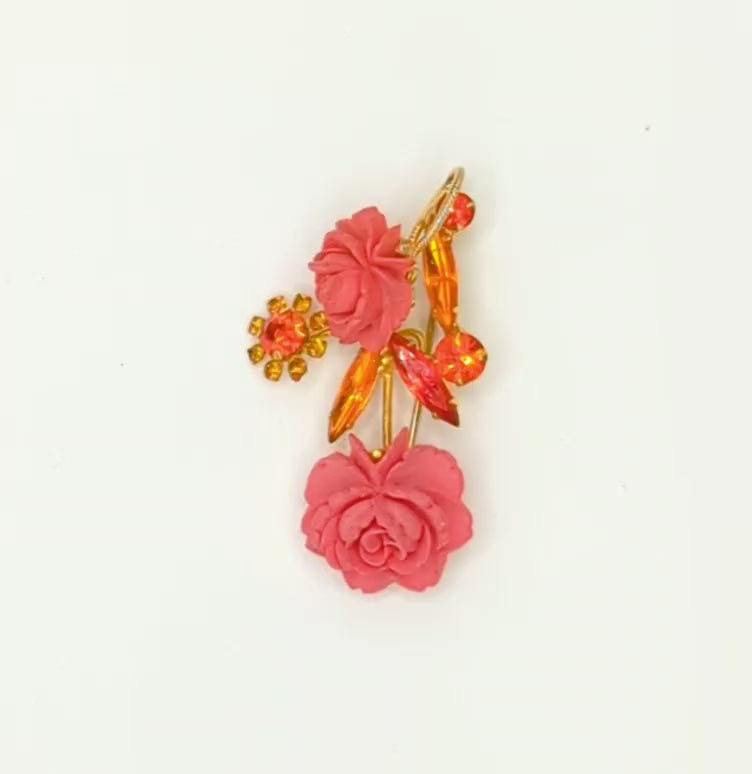 Vintage Juliana Orange Topaz Rhinestone Resin Rose Figural Brooch IIJJ#8648