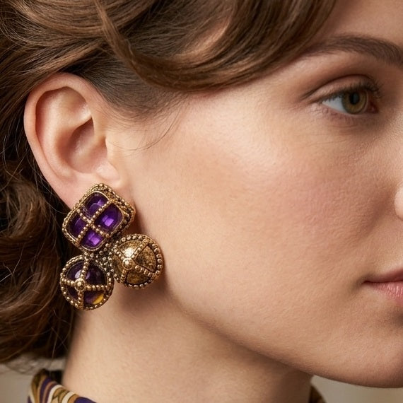 Vintage JULIANA Large Purple Rhinestone Caged Pierced Earrings IIJJ#8649