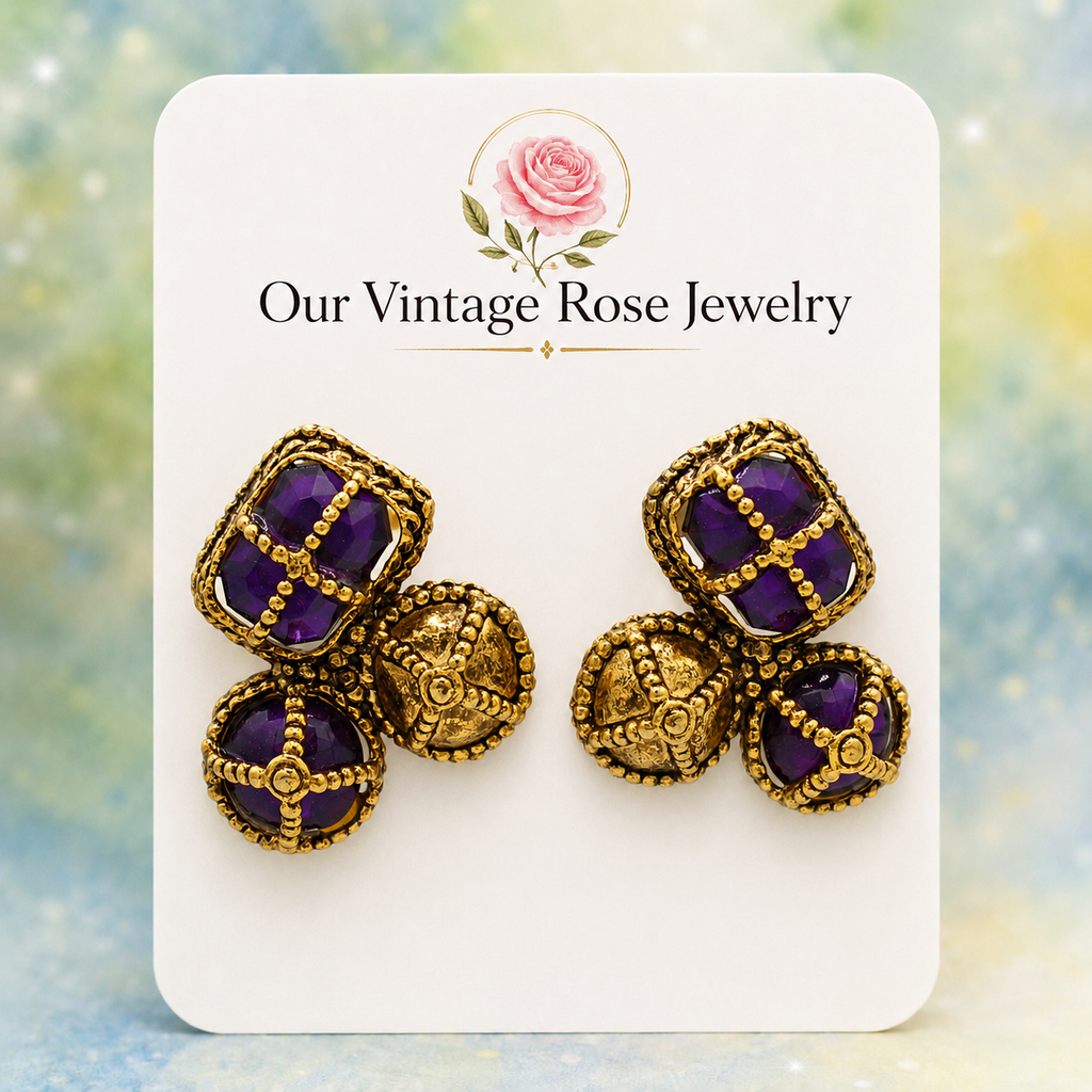 Vintage JULIANA Large Purple Rhinestone Caged Pierced Earrings IIJJ#8649