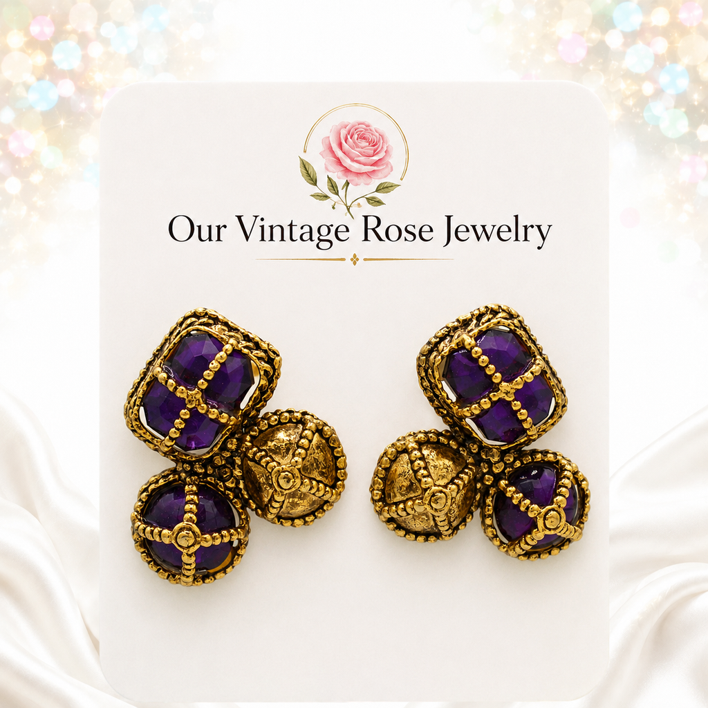 Vintage JULIANA Large Purple Rhinestone Caged Pierced Earrings IIJJ#8649