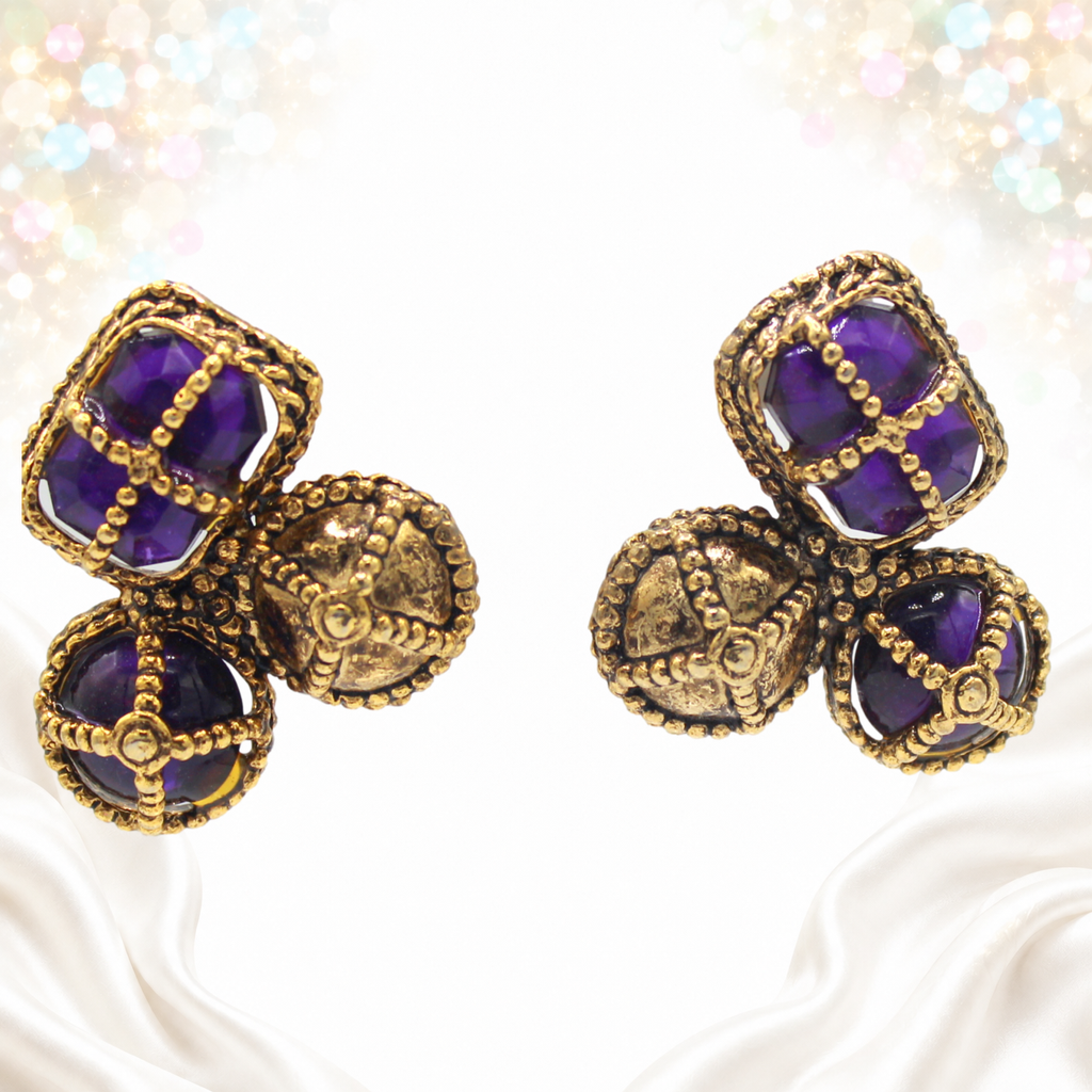 Vintage JULIANA Large Purple Rhinestone Caged Pierced Earrings IIJJ#8649