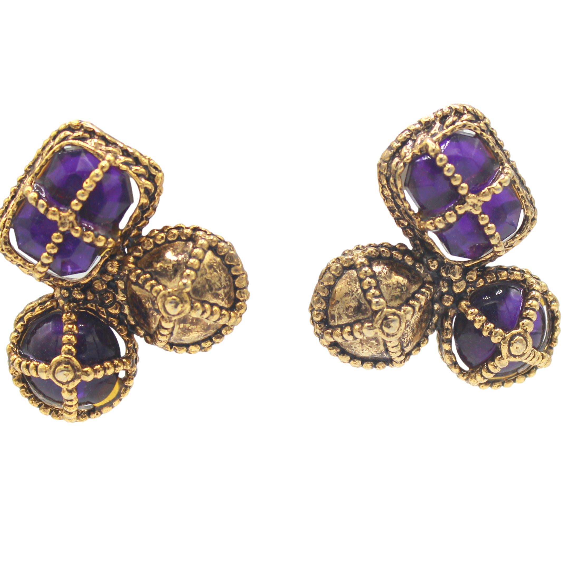 Vintage JULIANA Large Purple Rhinestone Caged Pierced Earrings IIJJ#8649