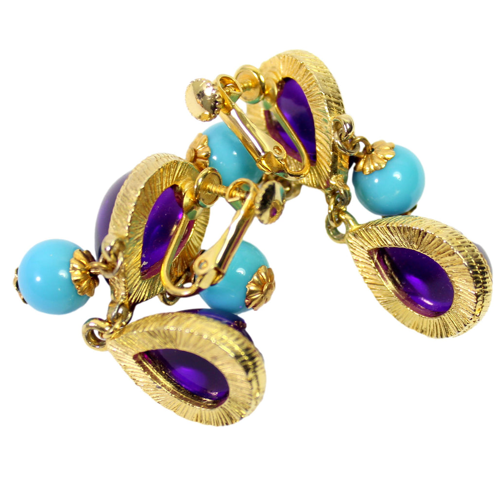 Vintage Donald Stannard Purple Lucite Cabochon Blue Bead Dangle Earrings