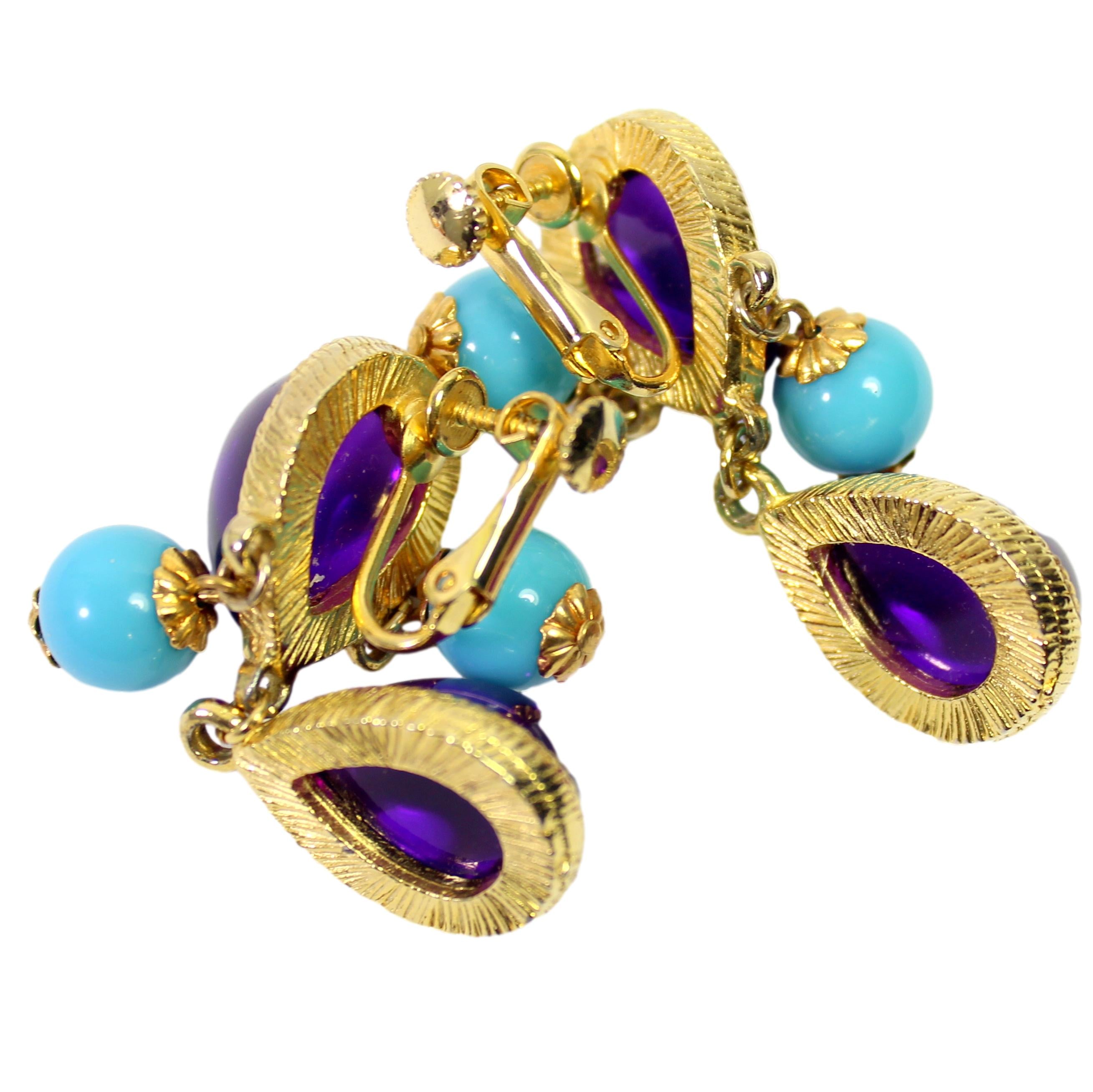 Vintage Donald Stannard Purple Lucite Cabochon Blue Bead Dangle Earrings