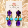 Vintage Donald Stannard Purple Lucite Cabochon Blue Bead Dangle Earrings