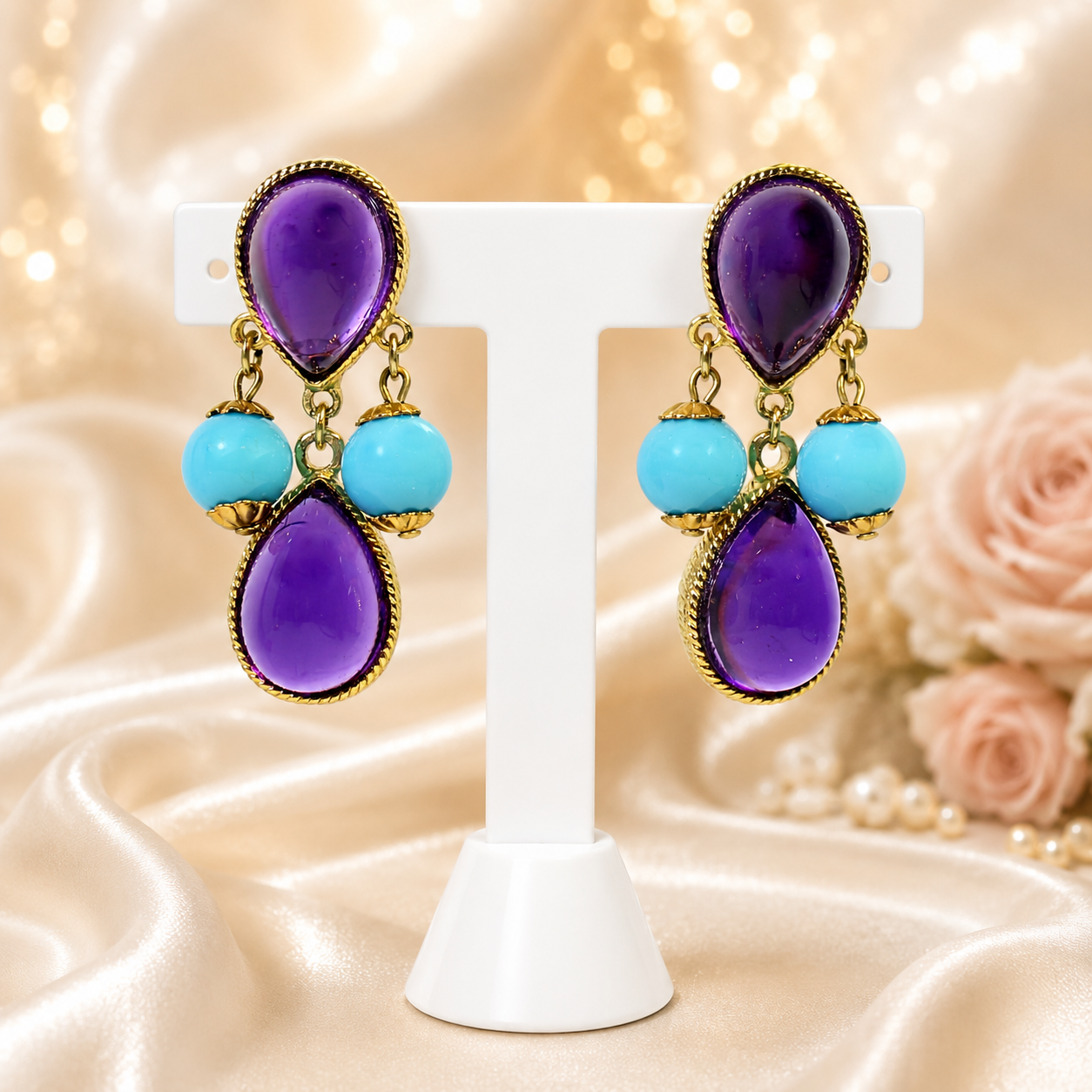 Vintage Donald Stannard Purple Lucite Cabochon Blue Bead Dangle Earrings