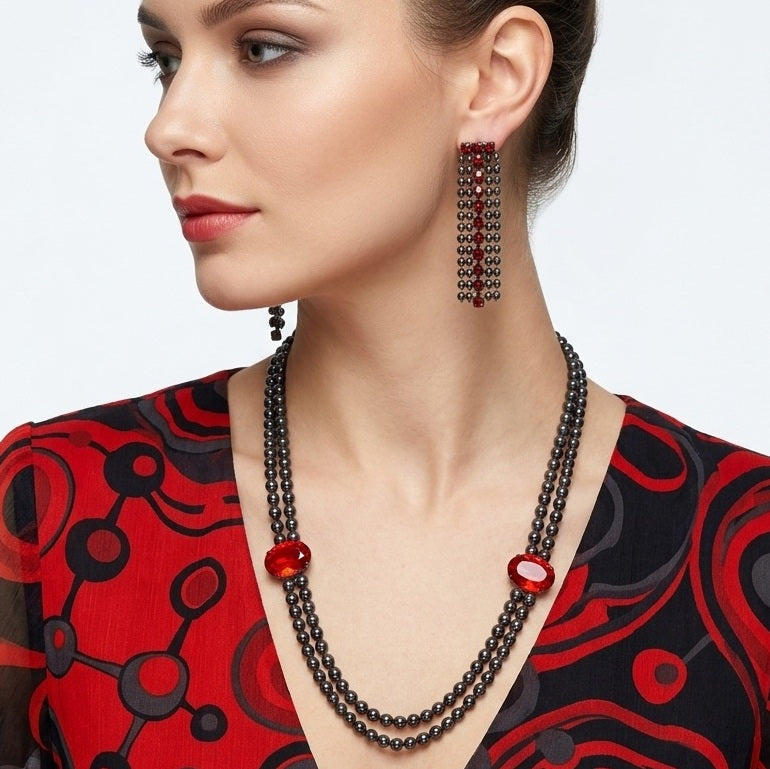 Vintage JULIANA Red Rhinestone Ball Chain Double Swag Necklace Earrings IIJJ#5638